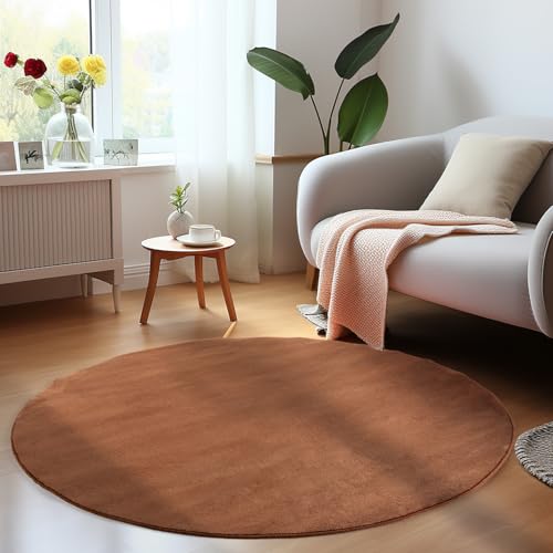 HomebyHome Waschbarer Runder Teppich 200 cm Braun einfarbig moderner Kurzflor weich maschinenwaschbar und pflegeleicht für Wohnzimmer… – Ansicht 1