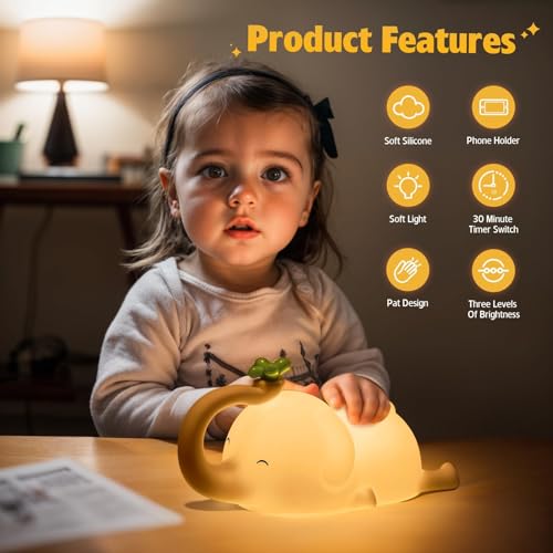 Image of Kids Night Light,Rechargeable Cute Lamp with 3-Level Brightness,Silicone LED Elephant Night Lamp,Kids Night Lights for Bedroom,Baby Nursery and Study Desk-Christmas Night Light