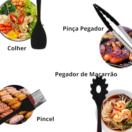 Conjunto Utensílios Profissional 10 Peças Cozinha Silicone PRETO + Abridor Carta Inox X-MATTE