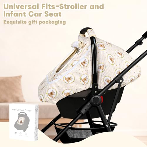 Image of Hooyax Baby Car Seat Cover with Dual Zipper, Extra Large Mesh Window Carseat Canopy, All-Season Weather Protection for Infant Car Seats & Strollers (Bear)