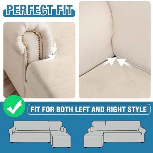 Image of Stretch Silver Fox Velvet Sectional Couch Covers - 4-Piece Sofa Cushion Covers for Left /Right L-Shaped Chaise, Soft and Comfortable Slipcovers for Sectional Sofa(3 Seater + 1 Chaise,Ivory)
