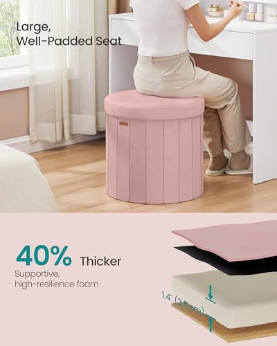 Image of SONGMICS Mazie Collection - Round Storage Ottoman, Folding Footrest Stool with Removable Lid, Easy Assembly, Velvet Vanity Stool for Bedroom, Living Room, Entryway, Jelly Pink ULSF608R01