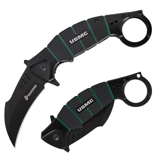 USMC War Claw Karambit Pocket Knife | Officially Licensed | 3" Black Stainless Blade with Marines Etch | Textured Aluminum Handle with Green Bands | Liner Lock + Pocket Clip | 7 1/4" Overall