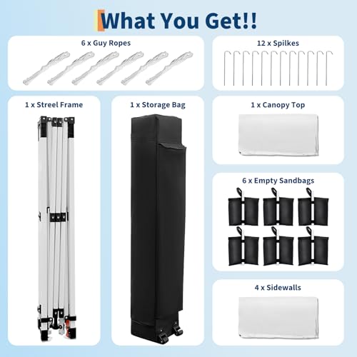 10x20 Heavy Duty Pop Up Canopy with 4 Removable Sidewalls - Easy UP Outdoor Canopy Tent with Portable Roller Bag - 3 Adjustable Height, 6 Weight Bags, 8 Stakes & 4 Guy Ropes Included, White
