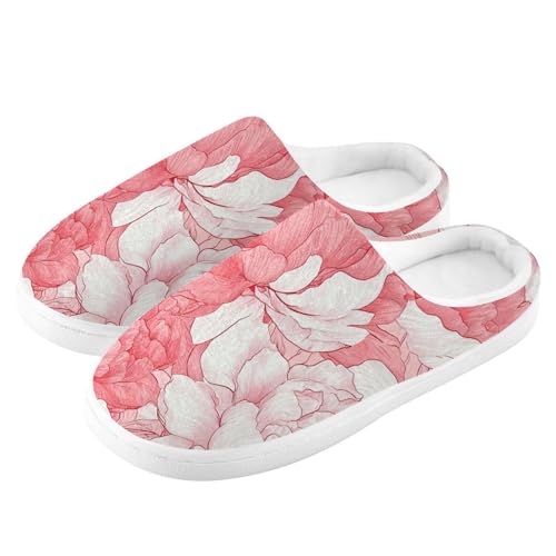JUNZAN Art Peonies Pink Womens Cotton House Slippers Non Skid Memory Foam Guest Slippers for Hospital Funny Presents 6-74
