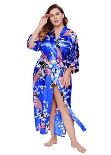 Image of BABEYOND Women's Kimono Robe Long Satin Robes with Peacock and Blossoms Printed Kimono Nightgown