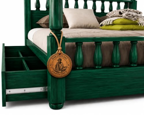 Image of Sheesham Solid Wood Allure Poster Bed for Bedroom | Handmade Wooden Cot | Elegant Four Poster King Size Bed Frame (Green, King, Allure with Storage)