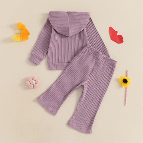Toddler Baby Girl Clothes Ribbed Long Sleeve Hooded Sweatshirts and Bell Bottoms Pants Infant Fall Winter Outfit3