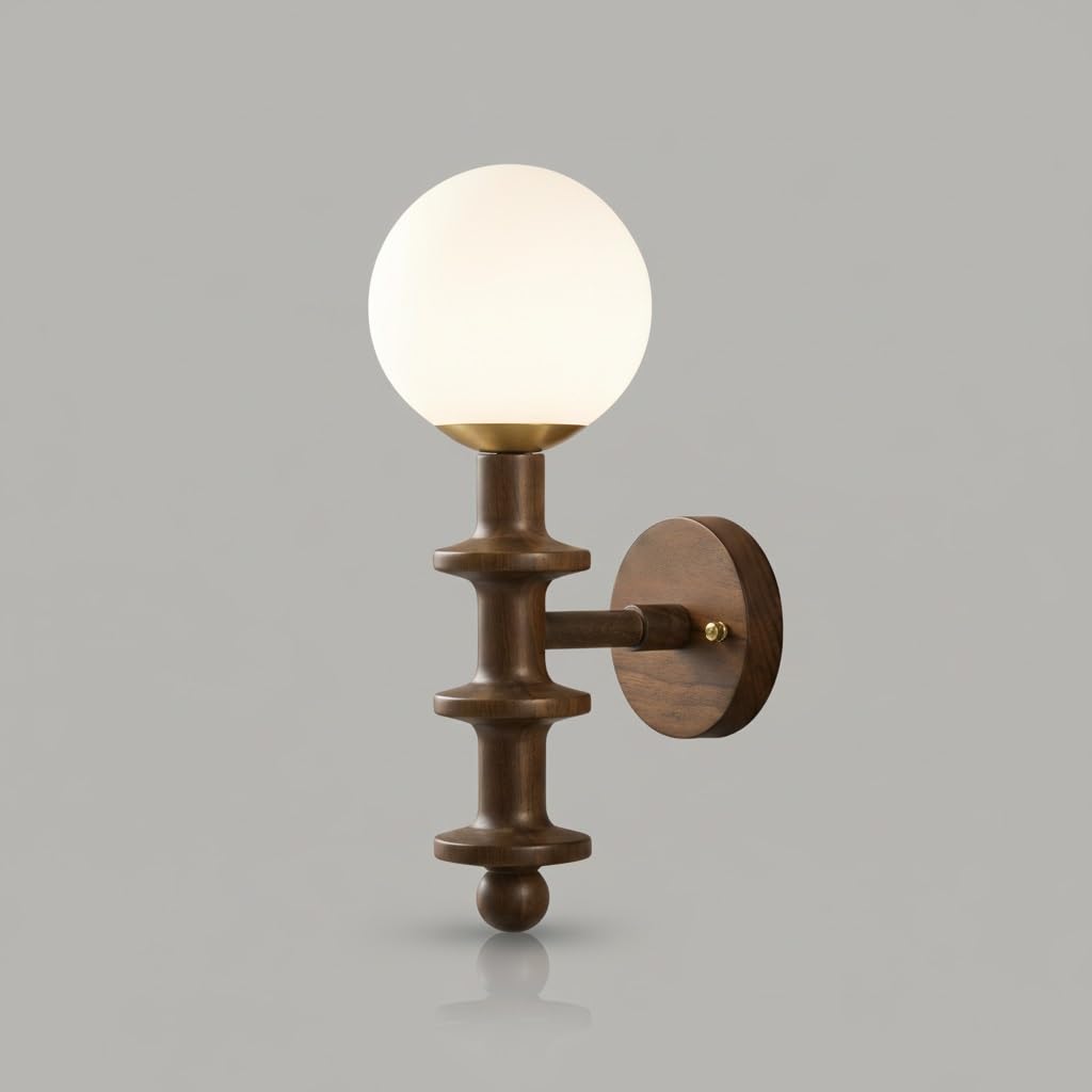 IvyLoutish Classic Brass Wall Sconce, Frosted Glass Globe Lamp with Turned Black Walnut Wood Pedestal, E27 Hardwired Single Light Fixture, Lighting for Bedroom, Living Room, Dining Room, Hallway