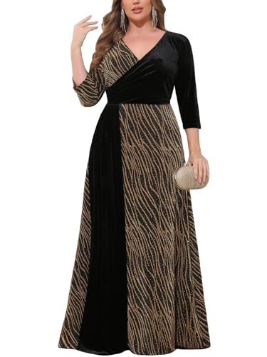 ZOMVA Plus Size Women's Velvet Splice Sparkly Maxi Dress 3/4 Sleeve V-Neck Wrap A-line Dresses Formal Evening Cocktail, Gold & Black, 2X