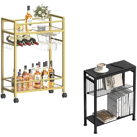 Lifenite Home Bar Serving Cart and Side Table for Small Spaces, Gold Serving Cart with Wheels and Handle, Beverage Cart with Wine/Glass Holders, 2 in 1 Design Slim Side Table, Gold and Black Cover