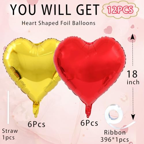 Image of Gold-Red Heart Balloons,18inch Gold Heart Shaped Foil Balloons & Red Foil Balloon for Anniversary Wedding Engagement Birthday Party Valentines Day Decorations(12Pcs)