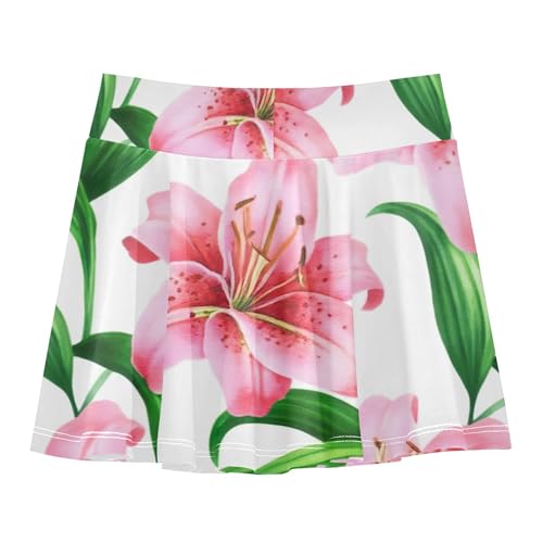 Girls Skorts Athletic Shorts Tennis Skirts Kids Clothes Pleated Watercolor Lily Flowers Green Leaves White 3t2