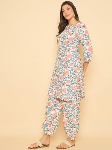 Image of SheWill Women Cotton Blend Floral Printed Straight Kurta with Mandarin Collar, Button Detailing, and 3 /4th Sleeves Paired with Matching Printed Pants