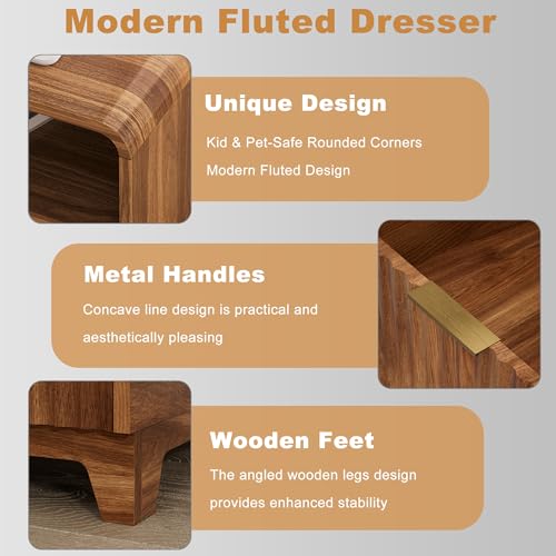 Image of Night Stand Fluted Nightstand with Charging Station, 24 inch Wide Modern Side Table with 2 Drawers and Open Storage Cabinet, Wood Dresser Bedside End Table for Bedroom, Walnut