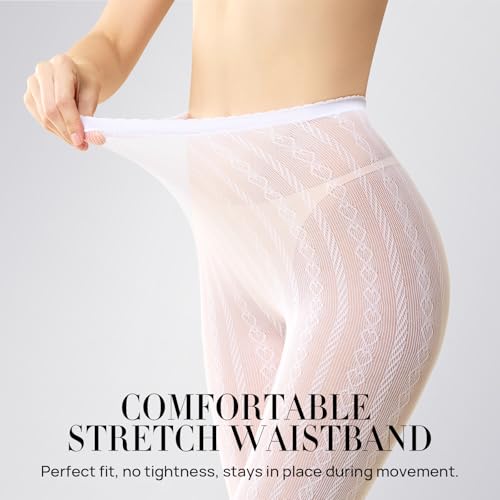 MANZI Women's Hollow Out Knitted Patterned Tights White Lace Fishnet Stockings Vertical Strips Pantyhose with High Waist