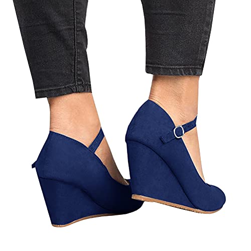 Image of Coutgo Womens Wedge Pumps Dressy Mary Jane Shoes Comfort Wedges Closed Toe Ankle Strap Heeled Shoes
