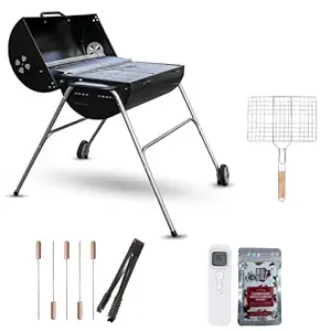 Amazon Brand - Umi Wheel Grill Drum Premium BBQ Set for Home | Large Cooking Area, Easy Assembly, Warming Rack | Includes Skewers, Tong, Brush, Thermometer, Spices, Glove & Cover (Black)