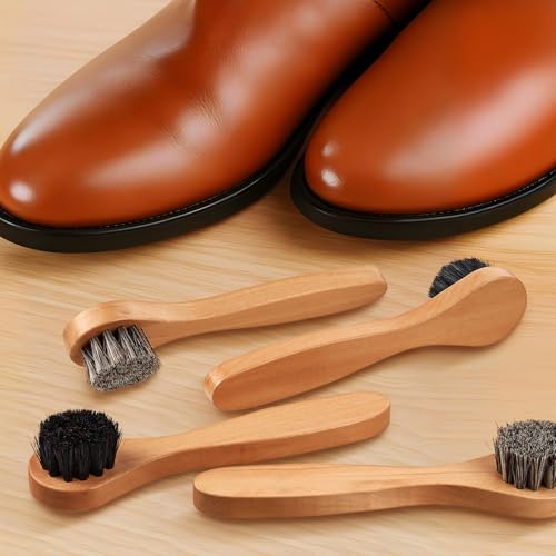 Image of 4 Pcs Horsehair Shine Shoes Brush Kit Polish Dauber Applicators Cleaning Leather Shoes Boots Care Brushes Suede Cleaner Brush with Microfiber Shoe Cloth(Wooden Handle B)