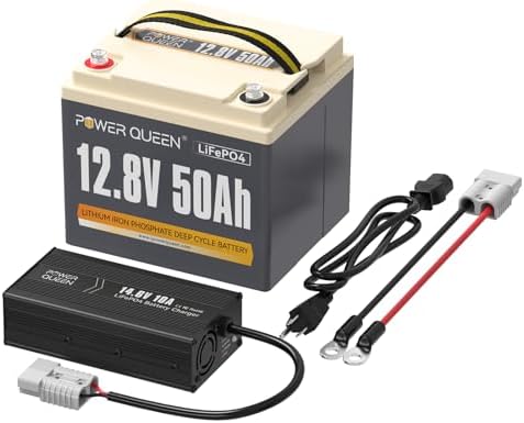 Power Queen 12.8V 50Ah LiFePO4 Battery with 14.6V 10A LiFePO4 Battery Charger, Built-in 50A BMS, 12V Lithium Deep Cycle Battery, 15000+ Cycles, Perfect for Kayak, RV, Trailer, Solar Application