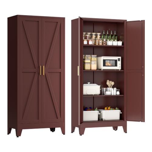 Image of LCAOPC 61 inch Tall Farmhouse Metal Pantry Cabinet, 4-Tier Freestanding Kitchen Storage Cabinet with 3 Adjustable Shelves for Living Room, Dining Room and Office, Maroon Red-Brown