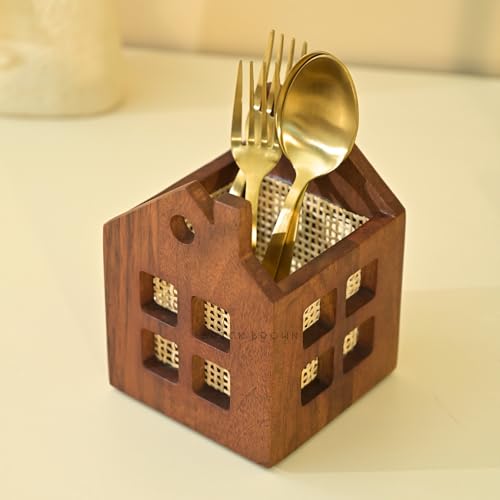 Image of Brick Brown Premium Wooden Maison Cutlery Holder Spoon Stand for Kitchen | Cutlery holder for Dining table | Wooden Caddy Storage Organiser Stand | Caddy Holder(4.5x4.5x5.8 inch)