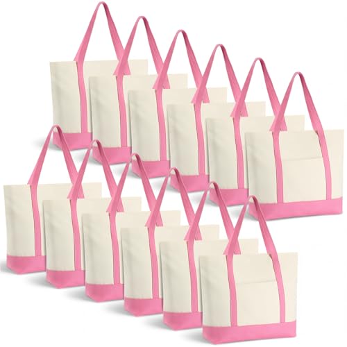 Sunnymove Large Canvas Tote Bags Bulk,21" X 15" X 6", Pink, 12 Pcs