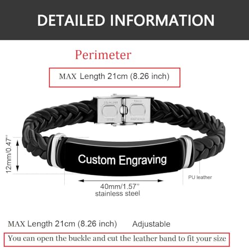 Image of Uloveido PU Leather Stainless Steel ID Bracelet for Son from Mom Dad, Encouragement Inspirational Gift to Men