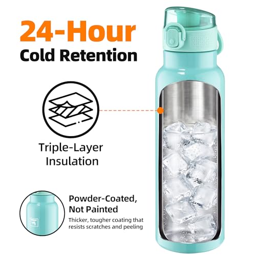 Image of Fanhaw 24 oz Insulated Water Bottle with Soft Silicone Spout Lid, Leakproof Stainless Steel Vacuum Bottle for School, Sports& Daily Use, Kids, Teens& Adults, Back to School Essentials (Tif Blue)