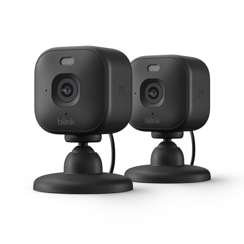 Blink Blink Mini 2K+ (newest model) – Plug-in Home & Pet Security Camera with 2K video resolution, colour night vision, enhanced audio, motion detection – 2 cameras (Black) in use