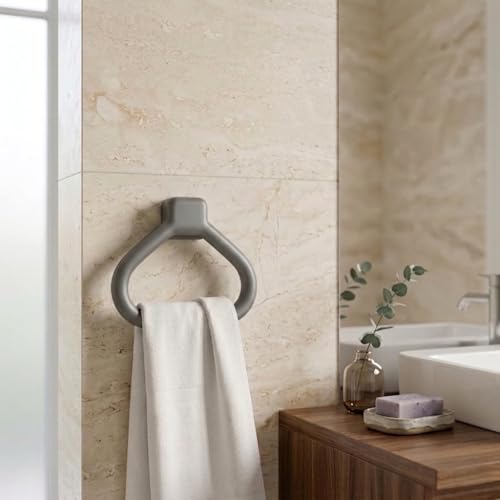 Image of Branco Modern Wall Mounted Towel Ring Holder | Self Adhesive Towel Ring for Bathroom | Premium Plastic Bathroom Hand Towel Hanger, Durable & Rust-Free, Easy Installation (Metallic Grey)