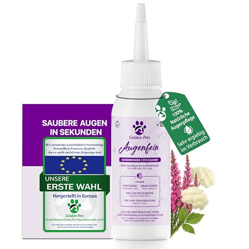 Golden Pets NEU! Augenreiniger für Hunde & Katzen I Winter-Schutz 100% natürliche Augenpflege, Sanfte Reinigung gegen Verkrustungen & Tränenstein I Vorbeugung von Tränenflecken 100 ml