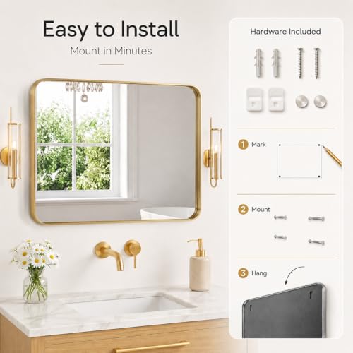 Image of 30 inchx40 inch Rounded Corners Gold Bathroom Mirror - Metal Framed with HD Shatter-Proof Glass, Wall-Mounted for Over Sink, Entryway, Living Room, Bedroom