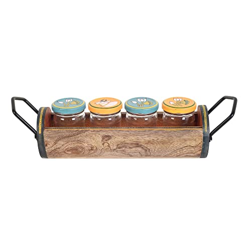 Image of AAKRITI ART CREATIONS Pichhwai Art Pickle Serving Jars and Tray | Handcrafted Glass Jars with Wooden Tray | Kitchen Storage Containers | Matte Finish Multicolor Dining Table Decor