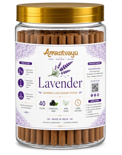 Image of Lavender Dhoop Sticks 4 inch 6mm Bamboo Less Incense Dhoop 40 Sticks for Pooja | No Charcoal Dhoop Batti with Holder Stand | Fragrance for Home, Mediation Relaxation
