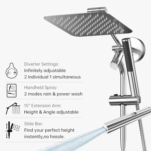 Image of Veken 10 inch Luxurious Rain Shower Head with Handheld, High Pressure Rainfall Shower Heads wih Extension Arm, Wide Dual Showerhead with Spray Combo, Bathroom Accessories, Chrome, Silver
