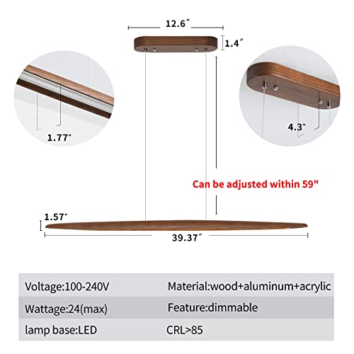 Yisdesign 39" Wood Linear Pendant Light Led Dimmable Hanging Light Fixture Wood Linear Dinning Room Light Island Lights 24W For Dining Room Kitchen Island Bar Walnut Color #TOP2