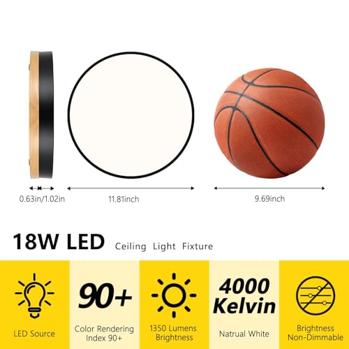 Image of Modern Wood Black Flush Mount Ceiling Light 11.81 Inch