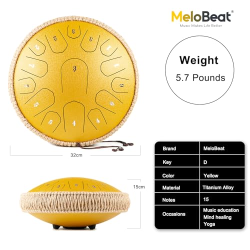 MeloBeat Zungentrommel 13 Zoll 15 Töne - Professionelles Steel Tongue Drum Handpan Set in D Dur inkl. Zungentrommel Liederbuch, Schlagzeug Sticks und Trommel Tragetasche (Gold)