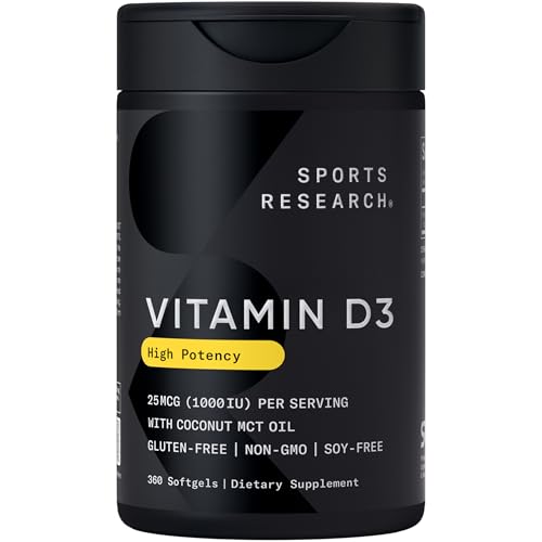 Image of Sports Research Vitamin D3 1000 IU with Coconut MCT Oil - High Potency Vitamin D Supplement for Immune & Bone Support - Gluten Free . Non-GMO . Soy Free - 360 Count Softgels