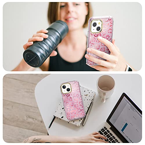 Skylmw Case For Iphone 14/Iphone 13 6.1", With Built-In Screen Protector, 360 Full Body Shockproof Dual Layer Bumper Protective, Hard Pc & Soft Tpu Stylish Cover For Women Girls, Rose Gold-Leopard #TOP7