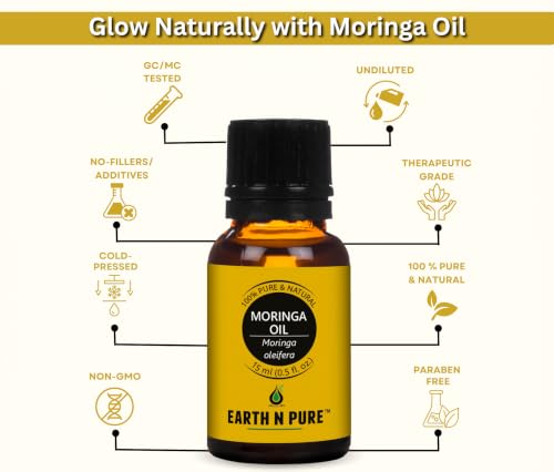Image of Earth N Pure Moringa Oil 100% Pure & Natural Cold Pressed | for Skin, Hair & Face | Lightweight Moisturizing for Glow, Scalp & Massage | Undiluted Carrier Oil - 15ml