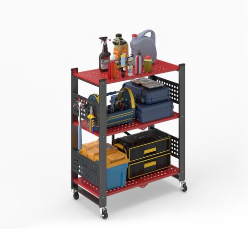 Image of 3-Tier Folding Shelf with Roller Casters for Storage Required. | Heavy-duty steel folding shelf Side Pegboard Construction Garage Shelves, Red And Black Perforated Shelves, No assembly