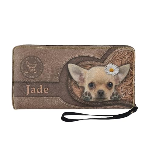Womens Wallet Wristlet with Custom Name Chihuahua Printed RFID Blocking Credit Card Holder Clutch Long Ladies Billfold Large Capacity Puse Special Gifts for Wife Mon Grandma