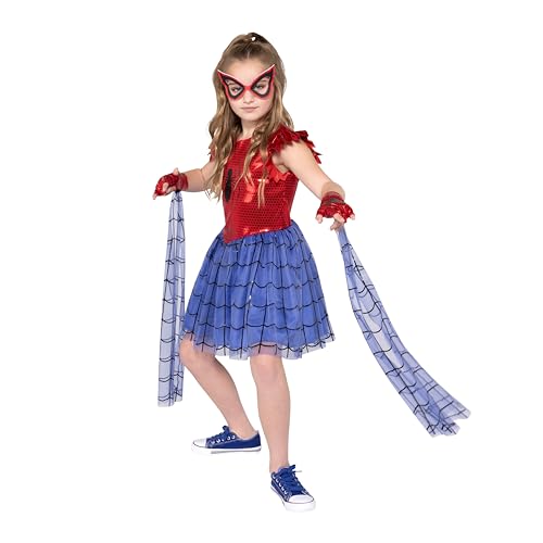 MARVEL Spider-Man Official Youth Halloween Dress - Premium Quality Printed Dress with Fabric Half Mask (M)