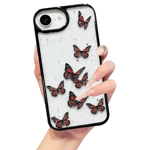 Image of VONZEE Clear Glitter Butterfly Case for iPhone 16e / 17e | Cute Bling Sparkle Transparent Soft TPU Bumper | Shockproof Slim Protective Back Cover for Girls & Women (Black)