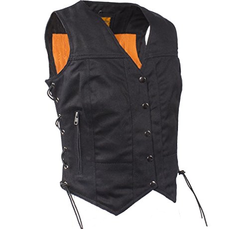 Womens Black Denim Motorcycle Vest with Side Laces Gun Pockets (S, Black)