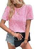 Monanoat Women's Sparkle Sequins T Shirts Casual Short Sleeve Top Shimmer Going Out Rave Top Tee Pink