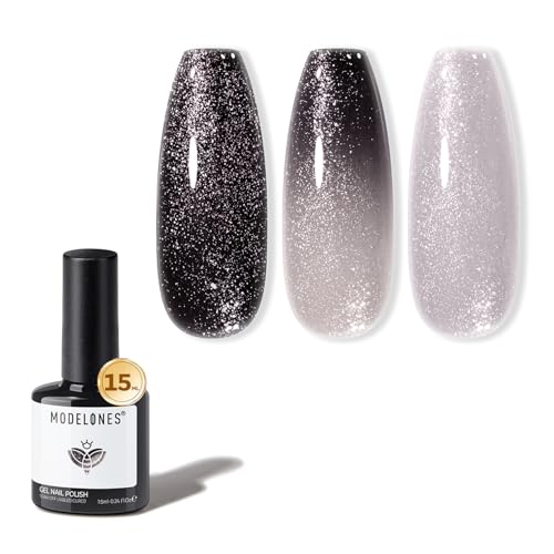 Image of modelones Gel Nail Polish Black Sliver, Glitter Gel Polish Color-Changing Mood Temperature-Sensitive Halloween Soak-Off Nail Art Manicure 15 ML