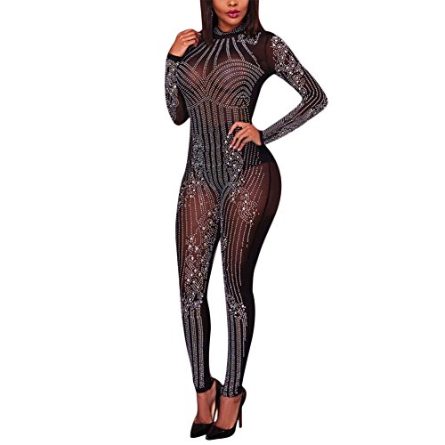 MS Mouse Womens Sexy Mesh See Through Rhinestone Bodycon Club Jumpsuit Romper, Black, Large